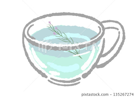 手繪玻璃花草茶具套裝插圖(迷迭香茶壺和茶杯) 手繪玻璃花草茶具套裝插圖(迷迭香茶壺和茶杯) 135267274