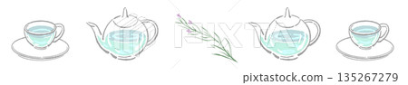 Hand-drawn illustration of a glass herbal tea set (rosemary teapot and cups) Hand-drawn illustration of a glass herbal tea set (rosemary teapot and cups) 135267279