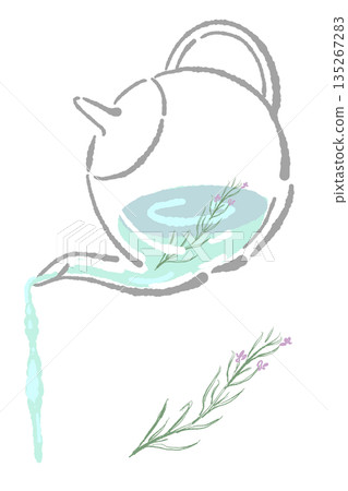 Hand-drawn illustration of a glass herbal tea set (rosemary teapot and cups) 135267283