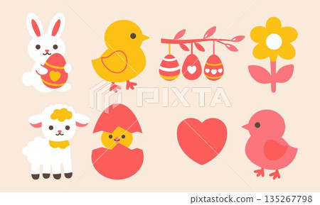 Set of cute easter elements in flat style. Spring collection Easter bunny, chick, egg, heart,  sheep, willow branch. For poster, card, scrapbooking, stickers. Vector illustration. 135267798