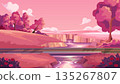 Romantic pink landscape vector illustration featuring a asphalt road bridge crossing a river. Surrounded by trees and flowers. Heart-shaped cloud. Lovely Valentine's Day scenery background. 135267807