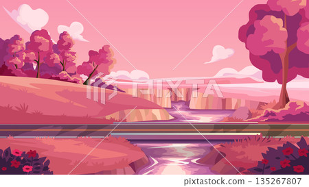 Romantic pink landscape vector illustration featuring a asphalt road bridge crossing a river. Surrounded by trees and flowers. Heart-shaped cloud. Lovely Valentine's Day scenery background. Romantic pink landscape vector illustration featuring a asphalt road bridge crossing a river. Surrounded by trees and flowers. Heart-shaped cloud. Lovely Valentine's Day scenery background. 135267807