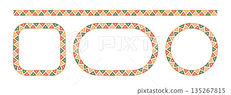 Mexican triangular pattern circle and rectangle frames set. African ethnic motif border. Aztec ornament frame. Mexican ornament. text frame. Vector illustration isolated on white background Mexican triangular pattern circle and rectangle frames set. African ethnic motif border. Aztec ornament frame. Mexican ornament. text frame. Vector illustration isolated on white background 135267815