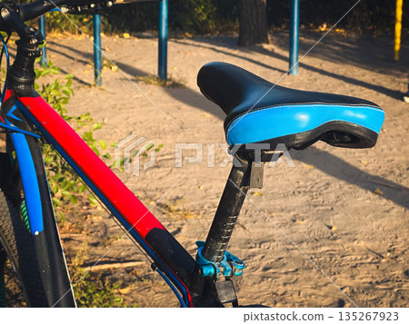 Bicycle seat with red and blue colors in a park setting. 135267923