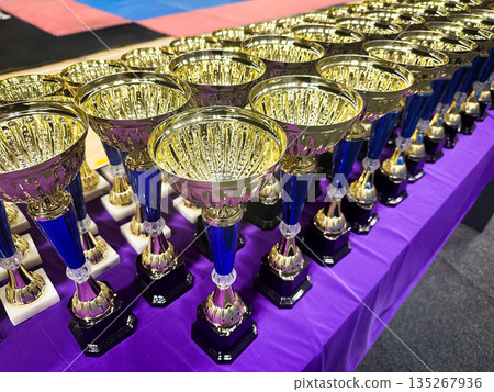 A row of gold trophies with blue stems on a purple tablecloth. A row of gold trophies with blue stems on a purple tablecloth. 135267936