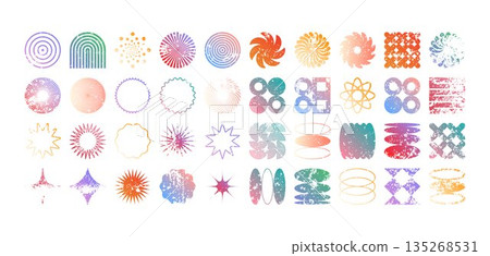 Colorful geometric shapes, modern grunge symbols. Simple primitive elements and forms, distressed details. Retro design, aged, vintage, trendy contemporary minimalist style, y2k. Vector illustration Colorful geometric shapes, modern grunge symbols. Simple primitive elements and forms, distressed details. Retro design, aged, vintage, trendy contemporary minimalist style, y2k. Vector illustration 135268531