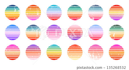Grunge vintage colorful sunset. Striped gradient sunrise badges in 80s and 90s style. Sun and ocean view, summer vibes, surfing. Design element for print, logo or t-shirt. Vector illustration Grunge vintage colorful sunset. Striped gradient sunrise badges in 80s and 90s style. Sun and ocean view, summer vibes, surfing. Design element for print, logo or t-shirt. Vector illustration 135268532
