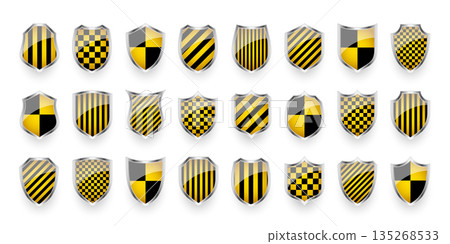 Glossy shields with yellow and black pattern. Security and protection concept. Cyber safety icons, internet privacy, web defense, digital data protection and antivirus themes. Vector illustration 135268533