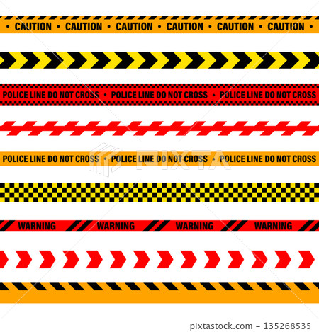 Barricade construction tape. Colorful police warning line, brightly colored danger or hazard stripe, ribbon. Restricted area, zone. Attention symbol. Vector illustration Barricade construction tape. Colorful police warning line, brightly colored danger or hazard stripe, ribbon. Restricted area, zone. Attention symbol. Vector illustration 135268535