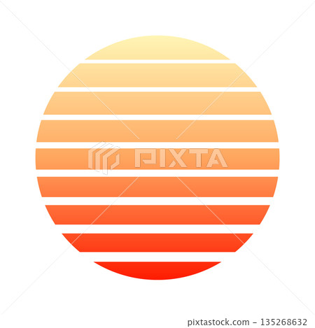 Vintage colorful sunset. Striped gradient sunrise badge in 80s and 90s style. Sun and ocean view, summer vibes, surfing. Design element for print, logo or t-shirt. Vector illustration Vintage colorful sunset. Striped gradient sunrise badge in 80s and 90s style. Sun and ocean view, summer vibes, surfing. Design element for print, logo or t-shirt. Vector illustration 135268632