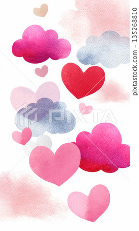 Colorful watercolor hearts and clouds illustration, featuring soft pastel tones, perfect for Valentine's Day celebrations and romantic designs 135268810