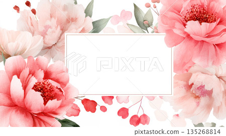 Beautiful floral arrangement featuring pink peonies and delicate blossoms, with empty space for text, perfect for Valentine's Day celebrations 135268814