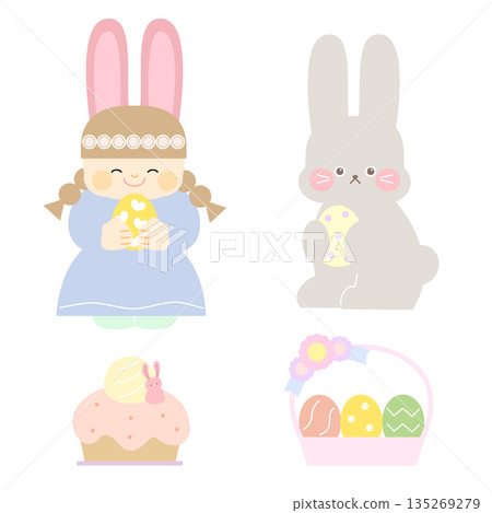 可愛的兔子復活節插畫套裝，適合兒童 135269279