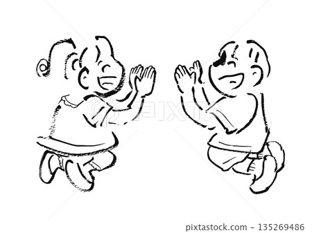 孩子們（男孩和女孩）快樂地跳躍。線條畫/單色 135269486