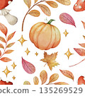 Watercolor autumn pattern with pumpkin, fall leaves and mushroom elements on white background. Cozy seasonal illustration for kids card, banner, wrapping paper and nursery decor 135269529