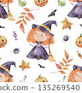 Watercolor halloween seamless pattern with cute witch, pumpkin, autumn leaves and spooky elements on white background. Perfect for textile, wrapping, banner, stationery and kids party decor 135269540