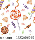 Watercolor Halloween candy pattern with lollipops, sweets and jelly beans on white background. Cute festive illustration for kids wrapping paper, stickers, cards and party decor 135269545