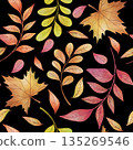 Watercolor autumn leaves pattern with colorful fall foliage on dark background. Cozy seasonal illustration for wrapping paper, textile, banner, stationery and decor design 135269546