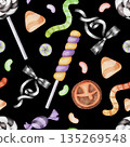 Watercolor halloween candy pattern with sweets and treats on dark background. Playful seasonal illustration for wrapping paper, textile, banner, stationery and party decor 135269548