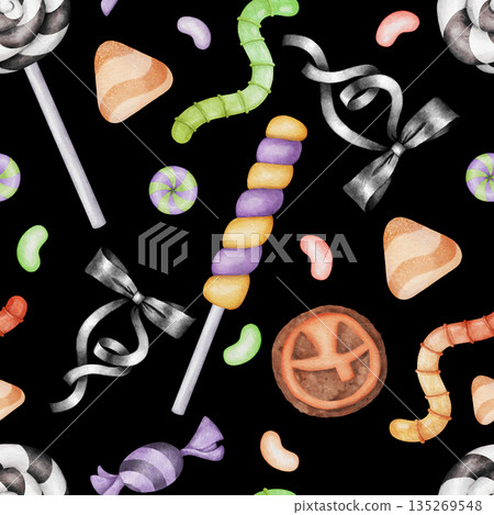 Watercolor halloween candy pattern with sweets and treats on dark background. Playful seasonal illustration for wrapping paper, textile, banner, stationery and party decor Watercolor halloween candy pattern with sweets and treats on dark background. Playful seasonal illustration for wrapping paper, textile, banner, stationery and party decor 135269548