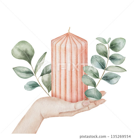 Watercolor illustration of a large ribbed candle decorated with eucalyptus branches held in a female hand, isolated on white background. Cozy and elegant element for holiday and winter compositions Watercolor illustration of a large ribbed candle decorated with eucalyptus branches held in a female hand, isolated on white background. Cozy and elegant element for holiday and winter compositions 135269554
