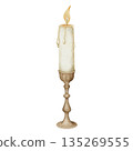 Watercolor illustration of a burning candle with wax drips in a vintage copper candlestick, isolated on white background. Perfect for holiday decor, cozy interiors, and retro design compositions 135269555