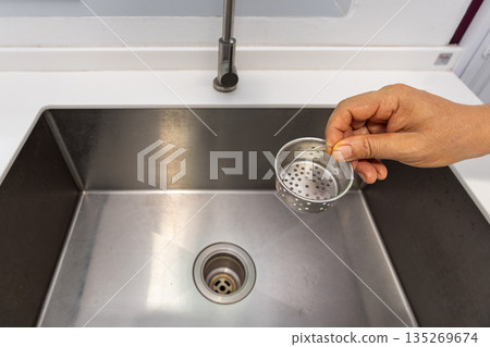 Clean basket strianer of sink prevent drain clog. 135269674