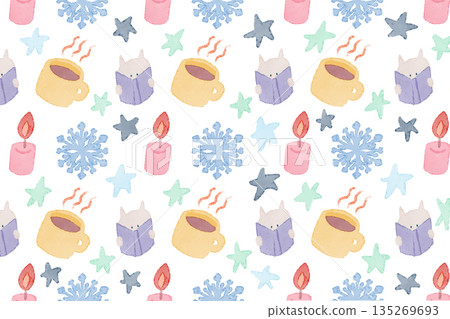 Hand drawn illustration pattern on white background. Winter reading concept. Cocoa, snowflakes and candles 135269693