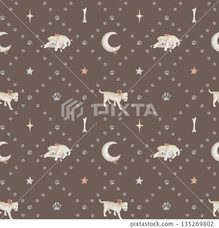 Geometric diamond seamless pattern made from watercolor drawing of dog paw prints on an isolated white background. Repeat ornament with c Labradors with ribbon and stars, moon, dog bone. Geometric diamond seamless pattern made from watercolor drawing of dog paw prints on an isolated white background. Repeat ornament with c Labradors with ribbon and stars, moon, dog bone. 135269802