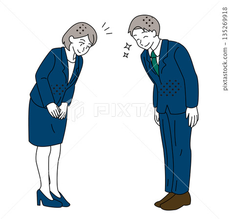 商業插畫:一男一女側鞠躬,面帶微笑 商業插畫:一男一女側鞠躬,面帶微笑 135269918