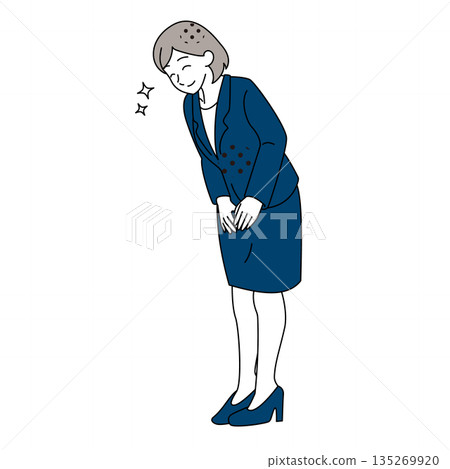 Illustration of a smiling female employee bowing sideways Illustration of a smiling female employee bowing sideways 135269920