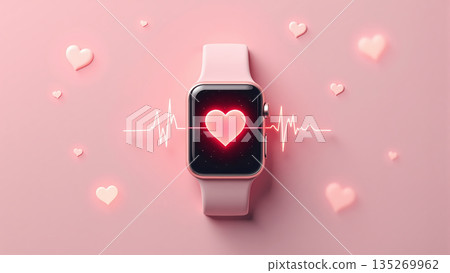 pink smartwatch displaying heart rate monitor and pulse wave on soft pink background. 135269962