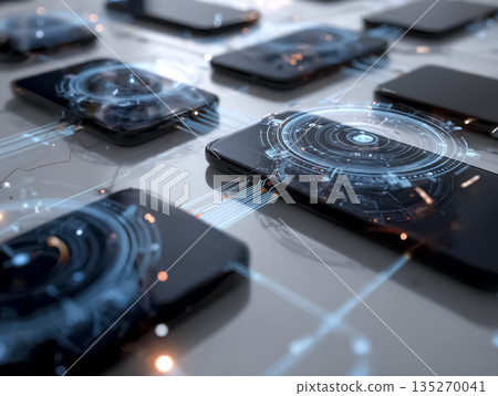 一張未來感十足的圖片，展示了部署在多部智慧型手機上的全像使用者介面網路。 135270041