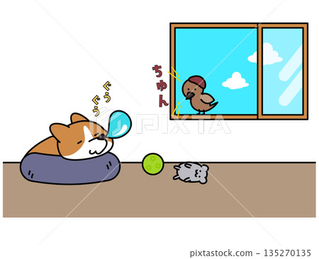 Illustration of a Corgi taking a nap indoors surrounded by toys and a sparrow by the window Illustration of a Corgi taking a nap indoors surrounded by toys and a sparrow by the window 135270135