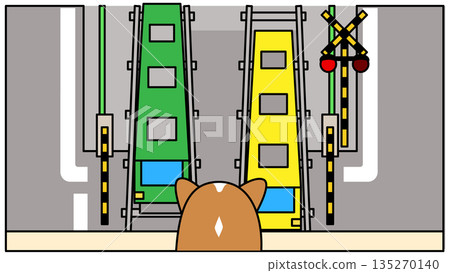 Illustration of a corgi waiting for a train at a railroad crossing seen from above Illustration of a corgi waiting for a train at a railroad crossing seen from above 135270140