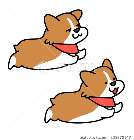 一組插圖，描繪了一隻柯基犬拒絕散步，堅定地站在那裡；以及一隻柯基犬全速奔跑的場景。 135270147