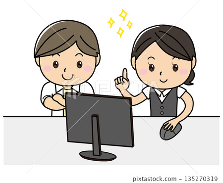 在電腦前工作時迸發出靈感的男女 | 業務改進和創意分享的插圖 135270319