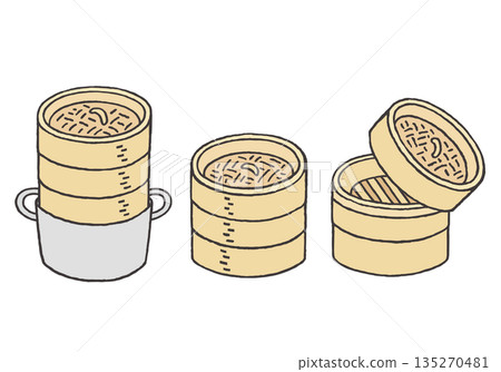 手繪竹蒸籠插圖（彩色） 135270481