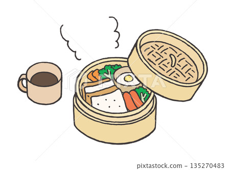 手繪插圖，描繪了用竹蒸籠盛裝的早餐 135270483