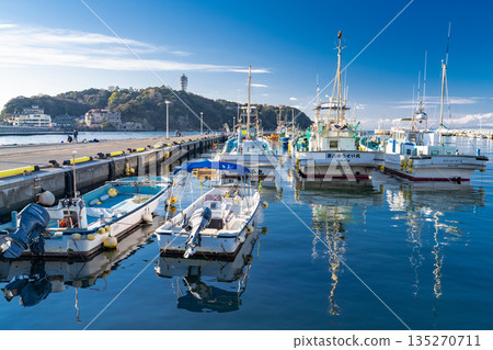 View of Katase Fishing Port overlooking Enoshima, Kanagawa Prefecture 135270711