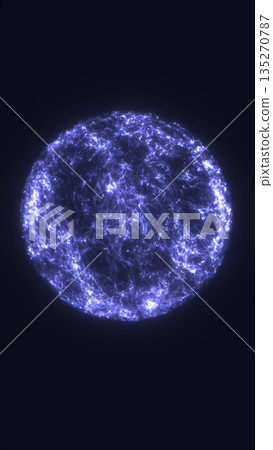 Glowing electric blue sphere formed by intertwined energy threads in a dark futuristic space 135270787