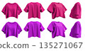 2 Set of magenta purple pink woman loose cropped midriff tee t shirt round neck front, back and side view on transparent background cutout, PNG file. Mockup template 135271067