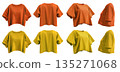 2 Set of yellow orange mustard woman loose cropped midriff tee t shirt round neck front, back and side view on transparent background cutout, PNG file. Mockup template  135271068