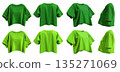 2 Set of dark light green lime woman loose cropped midriff tee t shirt round neck front, back and side view on transparent background cutout, PNG file. Mockup template 135271069