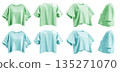 2 Set of pastel green turquoise blue woman loose cropped midriff tee t shirt round neck front, back and side view on transparent background cutout, PNG file. Mockup 135271070