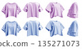 2 Set of pastel light blue purple woman loose cropped midriff tee t shirt round neck front, back and side view on transparent background cutout, PNG file. Mockup template for artwork  135271073