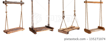 Set of Wooden stump wood rope swing on transparent background cutout, PNG file. Side view Many assorted different Mockup template for artwork design 135271074