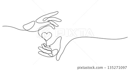 two hands caring heart continuous line drawing vector illustration 135271097