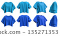 2 Set of dark light blue turquoise woman loose cropped midriff tee t shirt round neck front, back and side view on transparent background cutout, PNG file. Mockup 135271353