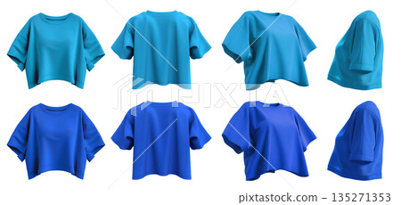 2 Set of dark light blue turquoise woman loose cropped midriff tee t shirt round neck front, back and side view on transparent background cutout, PNG file. Mockup 135271353